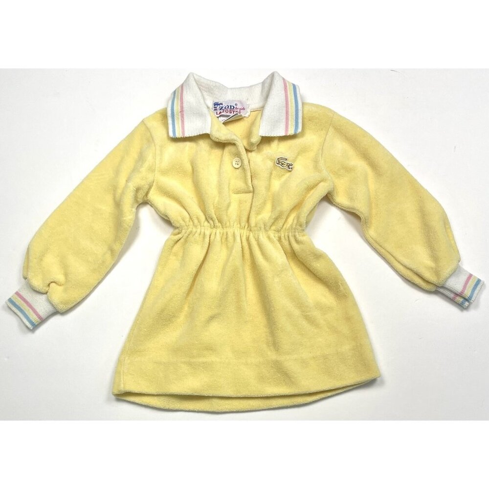 VTG 80s IZOD Lacoste Intant 18mos Yellow Terry Cloth L/S Collared DRESS EUC